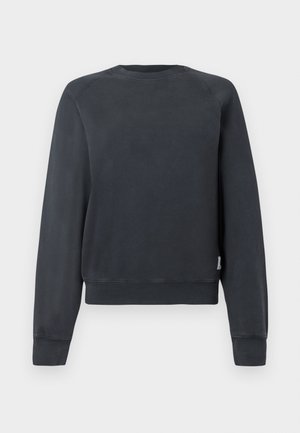 Tamsiai pilkas džemperis su apvalia iškirpte, raglan apykaklėmis ir įlinkusiais rankovių bei apačios kraštais. Lygus paviršius be matomų raštų ar akcentų.