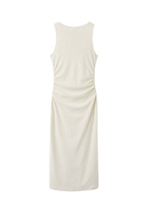 Vestido sin mangas, largo, de color beige claro con detalles fruncidos en la cintura, mostrado extendido con la parte trasera hacia arriba.