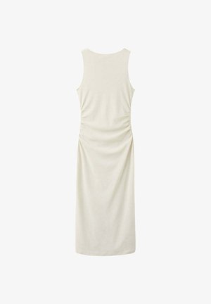 Robe longue sans manches beige clair avec détails froncés à la taille, présentée à plat avec le dos vers le haut.
