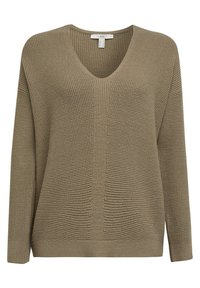 Pull tricoté taupe à manches longues, encolure en V et ourlet et poignets côtelés, avec un motif texturé en nid d'abeille.