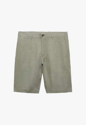 Light green linen shorts with a straight cut, featuring a front button closure, two side pockets, and a smooth, textured fabric.