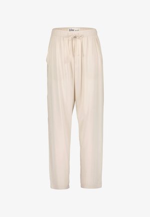 Pantalons décontractés légers beiges avec taille élastique et cordon de serrage, poches latérales et coupe droite relaxée.