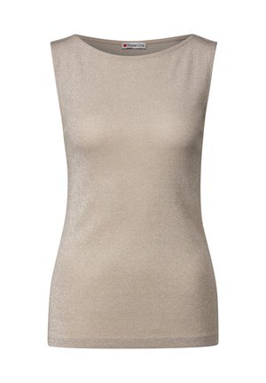 Top sin mangas color beige con una textura suave y brillante. Presenta un escote redondo y un diseño ajustado. Estilo minimalista sin patrones.