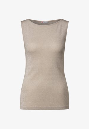 Top sin mangas color beige con una textura suave y brillante. Presenta un escote redondo y un diseño ajustado. Estilo minimalista sin patrones.