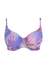 Sostenedor de pecho con estampado floral en tonos morados, con aros, tirantes ajustables y copas moldeadas, que presenta una textura de tela suave y colores vivos.