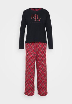 Zwarte lange mouwen top met rood en groen geruite pyjamabroek met een elastische tailleband en wijde pijpen. Aan de voorkant staat het "RL" logo.
