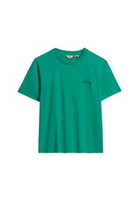Groene crewneck t-shirt van katoen, met korte mouwen en een klein donker geborduurd logo op de linkerkant van de borst. Zachte textuur.