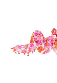 Foulard floreale in rosa, arancione e crema con dettagli a frangia. Materiale leggero e morbido presenta un vivace motivo floreale.