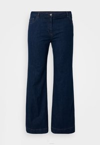 Jean large en denim bleu foncé avec fermeture à bouton et à glissière à l'avant, cinq poches et surpiqûres contrastées. Texture lisse sur toute la surface.