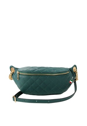 Green quilted leather waist bag with gold chain accents, front zipper, adjustable strap, and small Italian flag tag on side.