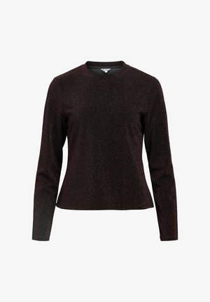 Long-sleeve, dark burgundy glittery fitted top with round neckline and slightly flared hem.
