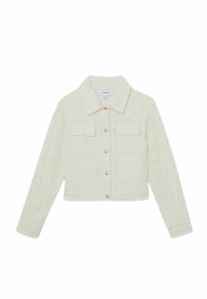 Kreemjat tekstuuriga nööpidega jakk krae, kahe rinna tasku, pikkade varrukatega ja kuldse tooniga nööpidega ees.