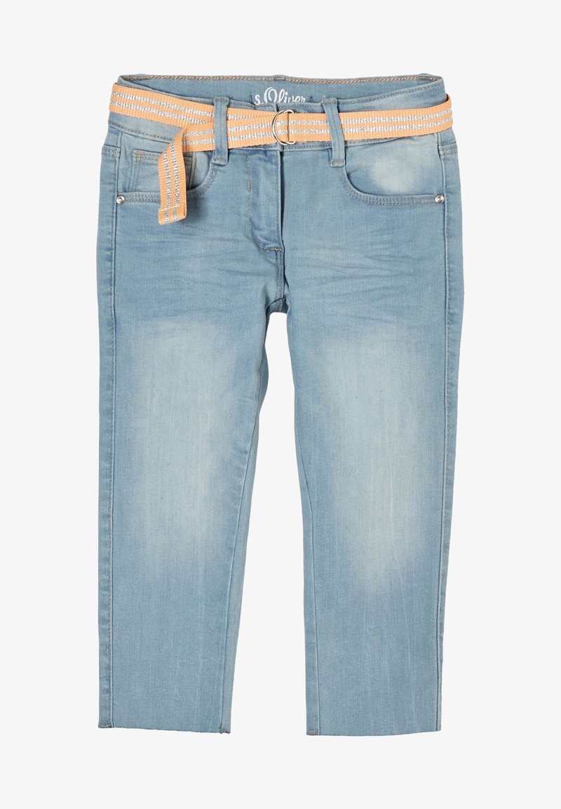 Jeans in denim azzurro chiaro con una finitura leggermente sbiadita, dotati di una cintura a righe arancione chiaro e design classico a cinque tasche.