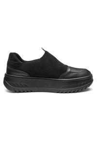 Black slip-on sneaker with thick textured sole, suede and leather upper, and pull tab on the tongue, shown from the side.