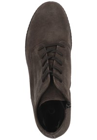 Zapato de ante marrón oscuro con cordones, punta redondeada y cremallera lateral, visto desde arriba sobre un fondo blanco.