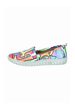 Slip-on shoe with white sole featuring colorful abstract graffiti-style patterns in blue, red, green, yellow, and pink tones.
