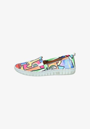 Slip-on shoe with white sole featuring colorful abstract graffiti-style patterns in blue, red, green, yellow, and pink tones.