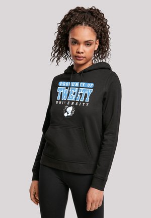 Black hoodie featuring a front pocket, drawstring hood, and "Property of Tweety University" graphic in blue and white.