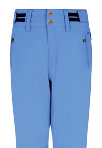 Light blue, lightweight pants with a smooth texture, two front pockets, black accents, and two gold buttons at the waistband.