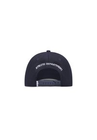 navy baseball cap, rear view, features white embroidered "ATHLETIC DEPARTMENT," adjustable strap at the back, fabric texture visible.