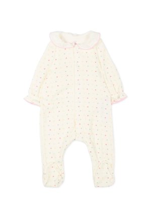 Kremowy kombinezon dla niemowląt z nóżkami, z drobnym wzorem pastelowych serduszek, z marszczonym kołnierzykiem i różowym lamówką na mankietach i kołnierzu.