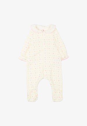 Tutina per neonato color crema con piccolo motivo a cuori pastello, colletto arricciato e rifiniture rosa su polsini e colletto.