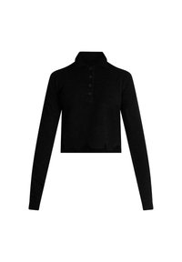 Maglione nero cropped a maniche lunghe con colletto a polo e patta frontale con tre bottoni. Texture liscia e dettaglio sottile con orlo smerlato.