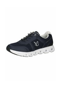 Marineblaue Sportschuhe mit atmungsaktivem Mesh-Obermaterial, weißen Akzenten, hexagonal gepolstertem Sohlen und Schnürverschluss. Mit Logo an der Seite.