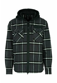 Schwarz-grau kariertes Zip-up-Jacke mit Kapuze. Verfügt über zwei Brusttaschen, verstellbare Kordelzüge und eine weiche Textur.