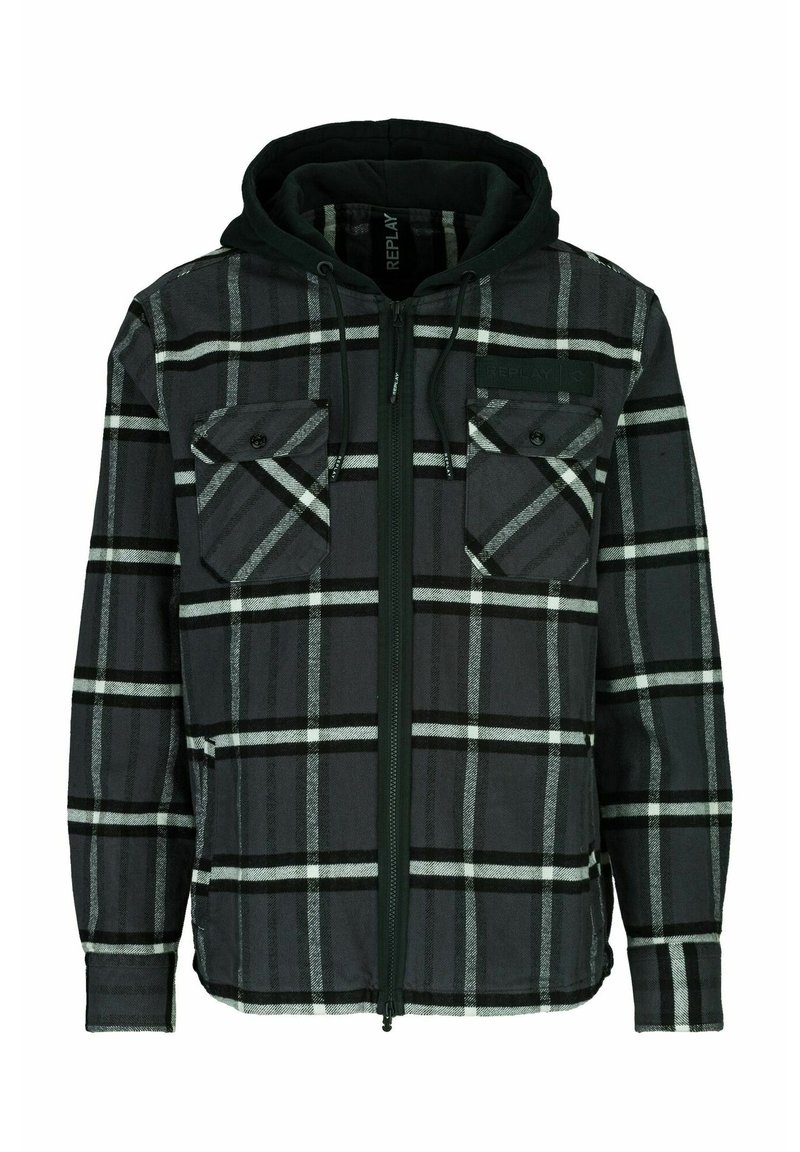 Schwarz-grau kariertes Zip-up-Jacke mit Kapuze. Verfügt über zwei Brusttaschen, verstellbare Kordelzüge und eine weiche Textur.