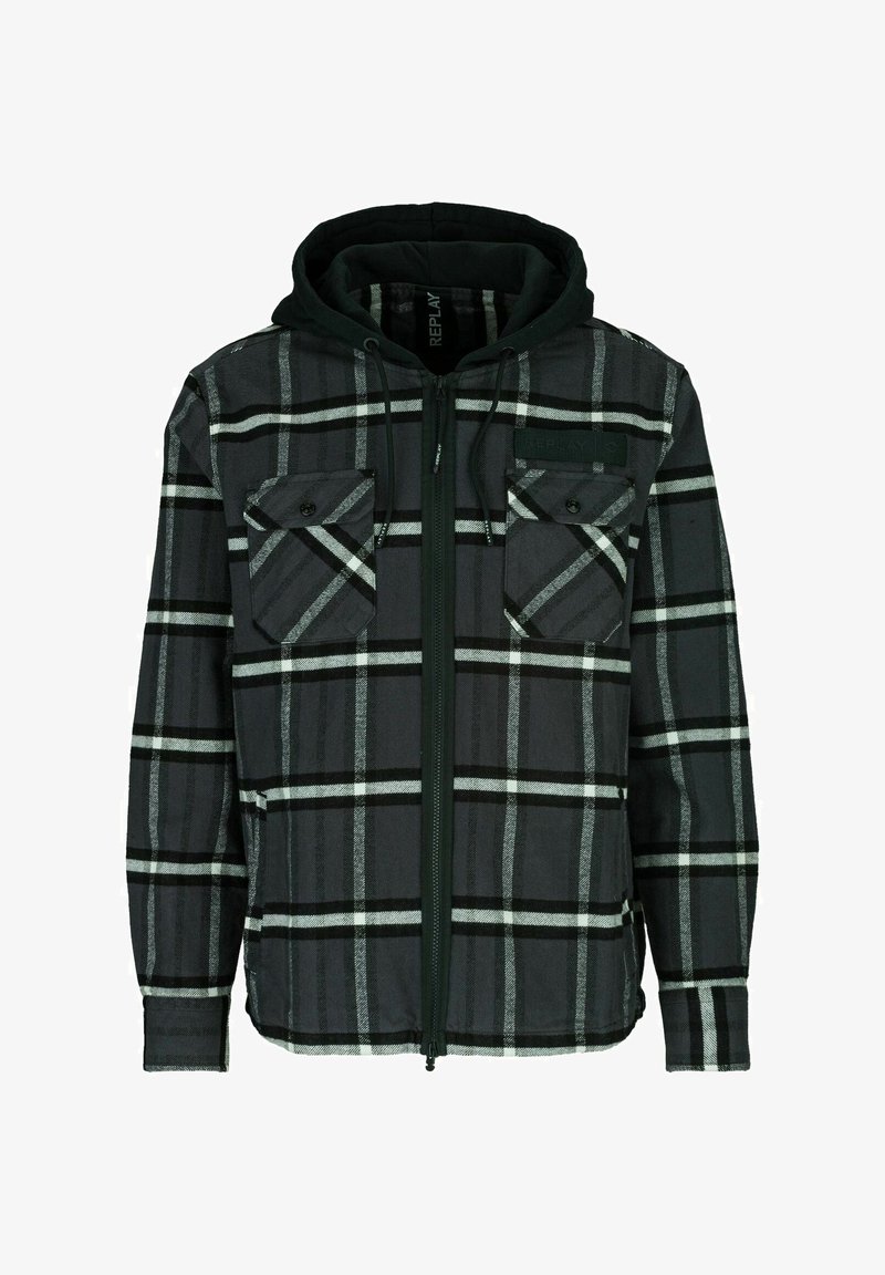 Schwarz-grau kariertes Zip-up-Jacke mit Kapuze. Verfügt über zwei Brusttaschen, verstellbare Kordelzüge und eine weiche Textur.
