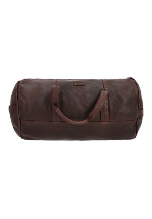 Tamnosmeđa kožna torba za putovanje s teksturiranom površinom, s dvostrukim ručkama i zatvaranjem na vrhu, prikazana na bijeloj pozadini.