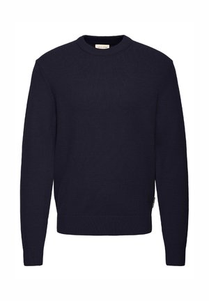 Tumši zils adīts džemperis ar apaļu kakla izgriezumu, ribveida aprocēm un apakšmalu, izgatavots no teksturēta auduma. Nav redzamu logotipu vai rakstu.