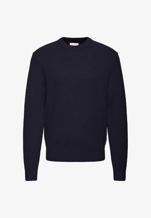 Tumši zils adīts džemperis ar apaļu kakla izgriezumu, ribveida aprocēm un apakšmalu, izgatavots no teksturēta auduma. Nav redzamu logotipu vai rakstu.