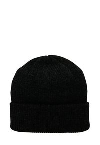 Black knitted beanie hat with a ribbed texture, featuring a folded brim. The design has a seamless top and a snug fit.