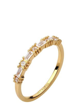 Gouden ring met afwisselende baguette- en ronde heldere stenen, prong-set met een gestructureerde band. Gladde afwerking. Verstelbare pasvorm.