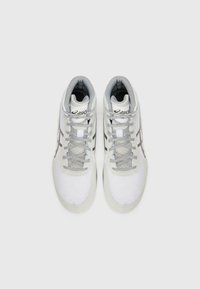 White athletic sneakers with a high-top design, featuring a textured mesh upper, gray laces, black accents, and an Asics logo on the tongue.
