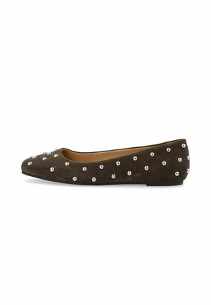Dark brown suede flat shoe with a rounded toe, decorated with silver studs, and a flat rubber sole, offering a smooth texture.