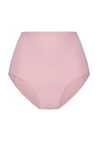 Bas de bikini rose taille haute avec un tissu lisse, des panneaux latéraux en maille et une silhouette classique pour un ajustement confortable.