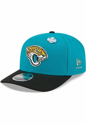 Türkis- und schwarze Kappe mit Jaguars-Logo, NFL Draft 2023-Pin vorne und New Era-Logo an der Seite.
