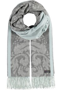 Écharpe grise et bleu clair en tissu doux, présentant un motif discret, des extrémités à franges et une étiquette décorative sur le côté.