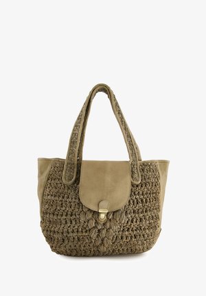 Khaki taška přes rameno s tkanou strukturou a hladkými koženými akcenty. Obsahuje dvojité uši a patentní uzávěr s dekoračním detailem klipsu.