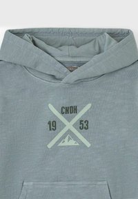 Sudadera azul claro con un bolsillo canguro, que presenta un diseño gráfico de esquís cruzados y montañas en verde oscuro y negro.