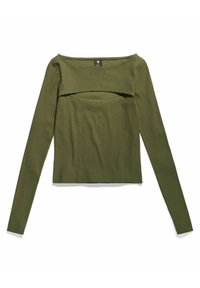 Długi rękaw, prążkowany top w oliwkowym kolorze, z dekoltem typu off-shoulder i warstwowym detalem z przodu. Miękka tekstura.