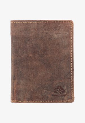 Braunlederne Brieftasche mit strukturierten Oberfläche, ausgestattet mit einer genähten Kante und einem eingravierten Baum-Logo in der unteren rechten Ecke.