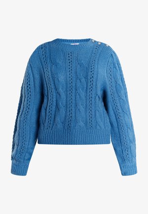 Kék kötött pulóver kábelmintával, kerek nyakkivágással és díszgombokkal a vállon. Röpke hossz és texturált anyag.