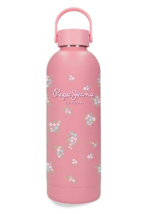 Botella de agua de metal rosa con pequeños patrones florales azules y blancos y el logo "Pepe Jeans London", con tapa roscada y asa.