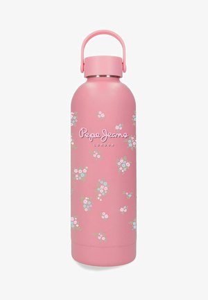 Botella de agua de metal rosa con pequeños patrones florales azules y blancos y el logo "Pepe Jeans London", con tapa roscada y asa.