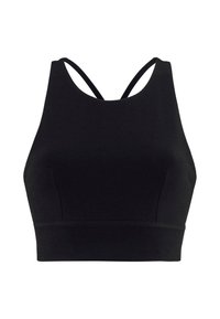 Black sports bra featuring a sleek design, smooth texture, wide band, and adjustable crisscross straps at the back.