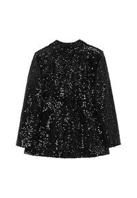 Blazer nero a maniche lunghe coperto di paillettes nere brillanti, mostrato da dietro su uno sfondo bianco.